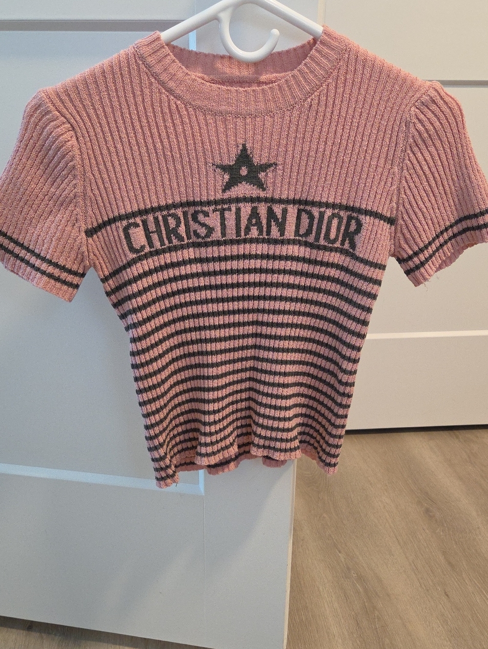 Dior Pink Ribbed Short-Sleeve Knit Top with Black Logo